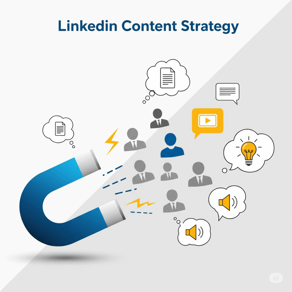 Schéma d'une stratégie de contenu LinkedIn où un aimant attire des prospects, symbolisant l'inbound marketing.