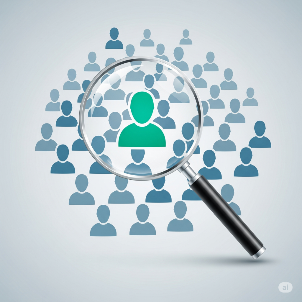 Une loupe qui se concentre sur une personne dans une foule, illustrant comment définir son client idéal.