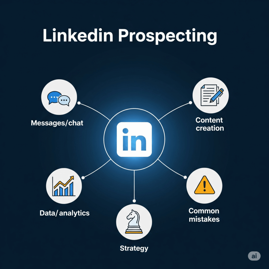 Infographie montrant les composantes clés d'une stratégie de prospection LinkedIn : profil, messages, contenu, stratégie et erreurs à éviter.