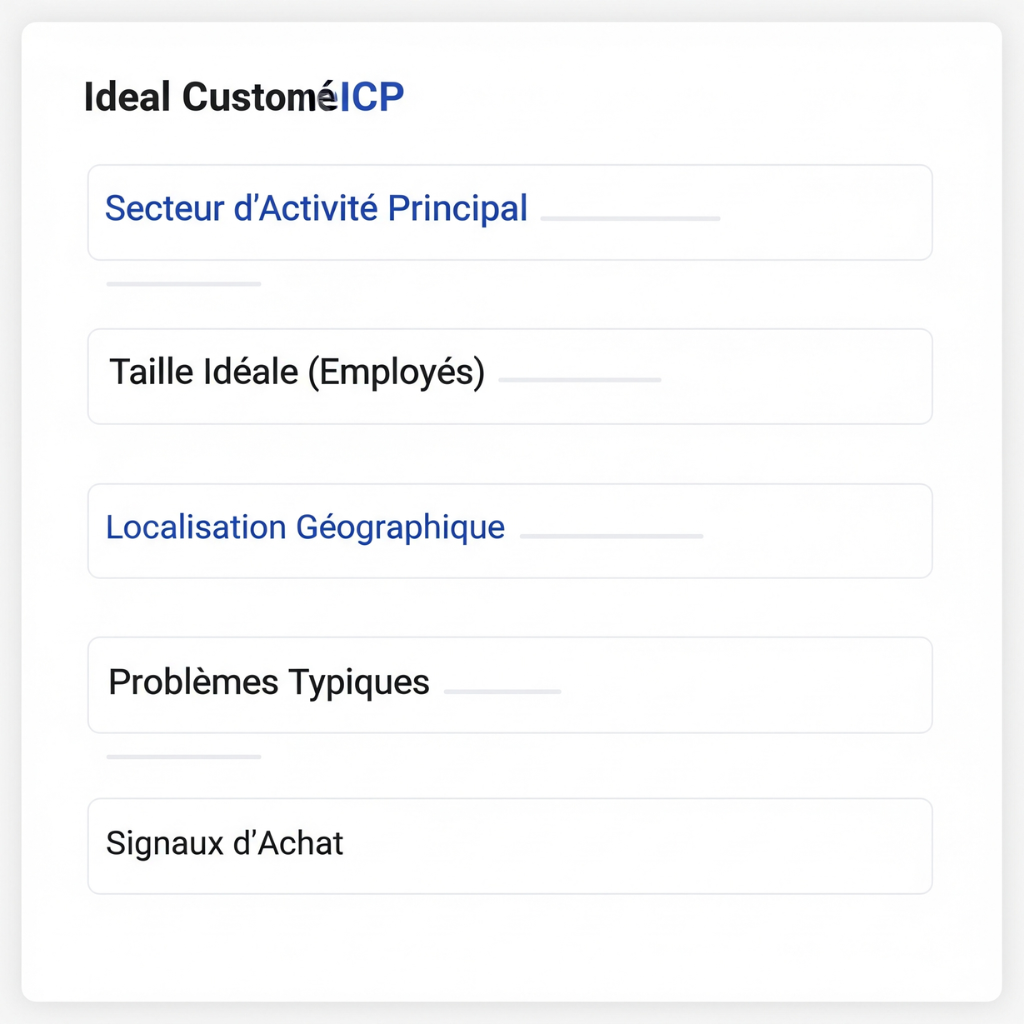 Template de fiche simple pour définir son client idéal (ICP) avec des champs comme le secteur, la taille et les problèmes.