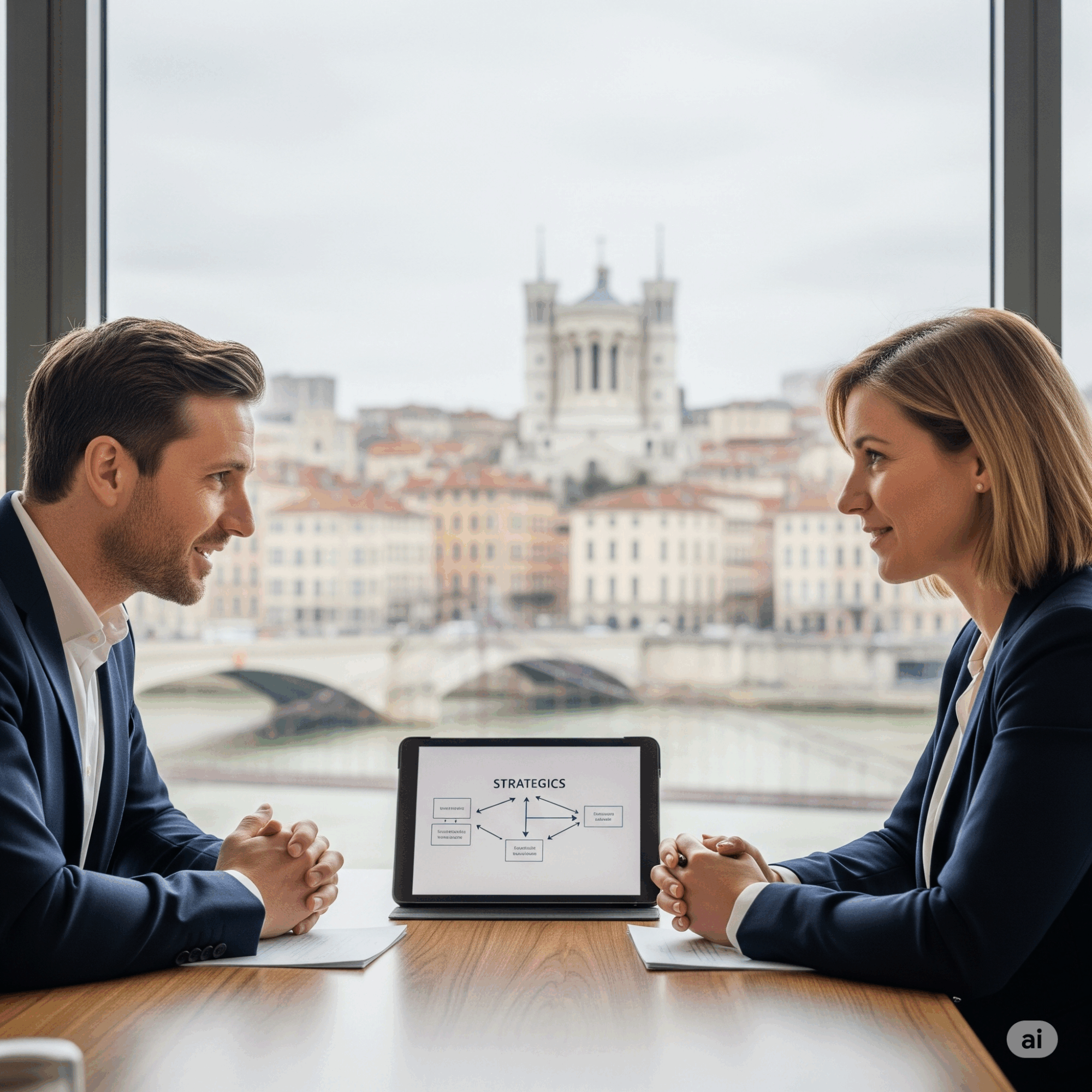 Un coach d'entreprise à Lyon en séance de travail avec une dirigeante de PME, discutant d'une stratégie sur tablette avec la ville de Lyon en arrière-plan.