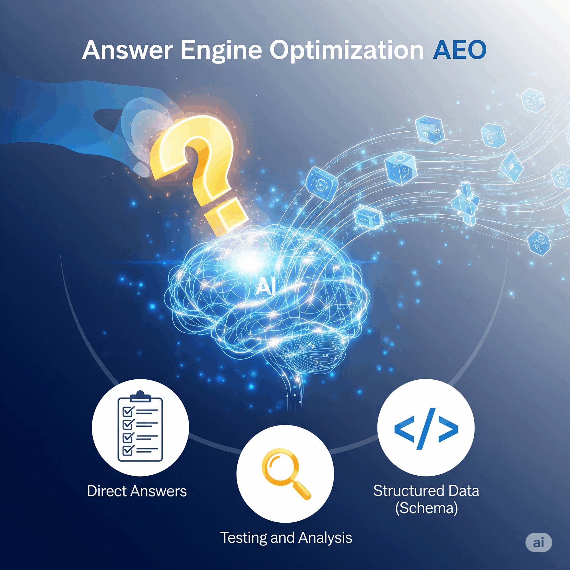 Schéma explicatif de l'AEO (Answer Engine Optimization) montrant comment l'IA traite une question grâce aux réponses directes, aux données structurées et à l'analyse.